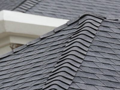 Gray asphalt shingle roof with a ridge, partially visible white building in the background.