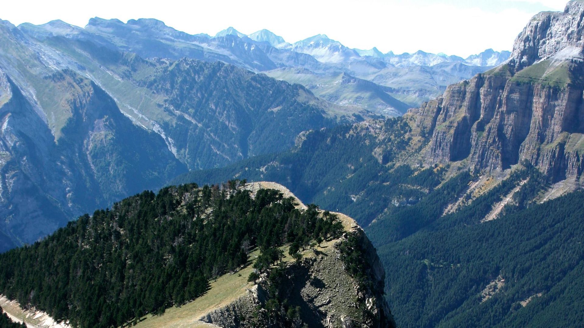 Cordillera con picos estratificados, árboles verdes y cielo azul.