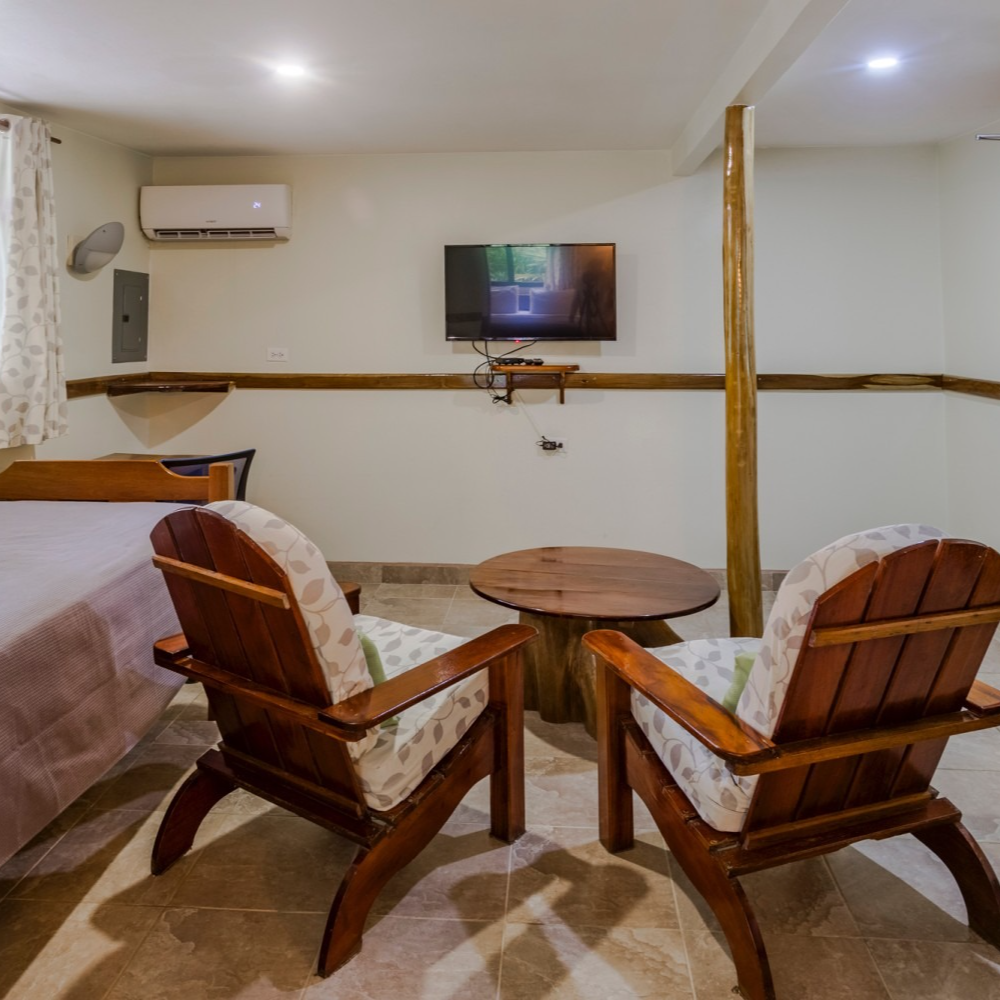 A bedroom with two chairs a table and a flat screen tv
