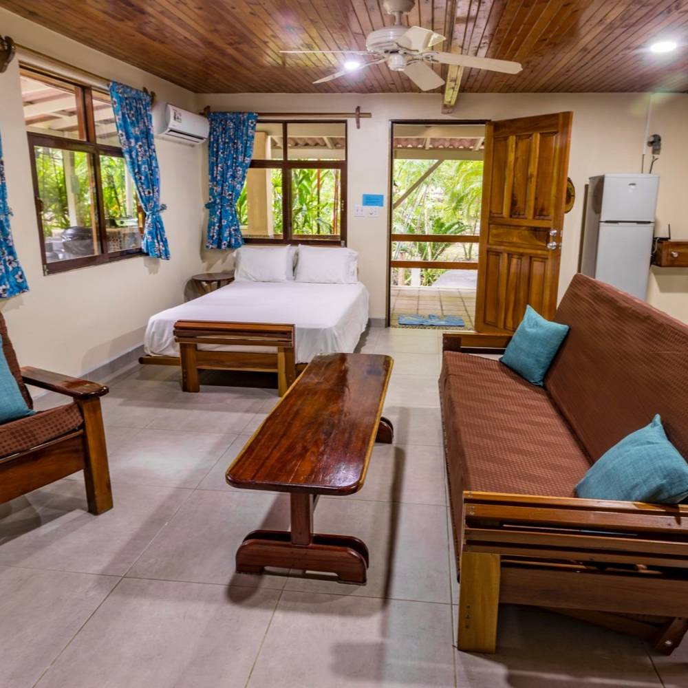 A living room with a couch a table and a bed