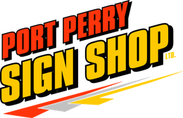 The logo for port perry sign shop is yellow and red