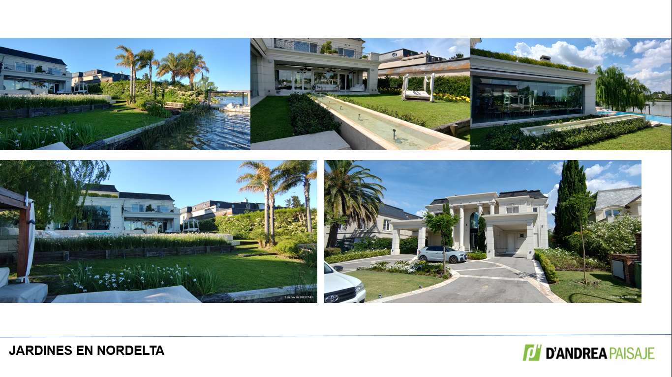 Un collage de fotos de una casa con las palabras jardines en nordelta en la parte inferior.