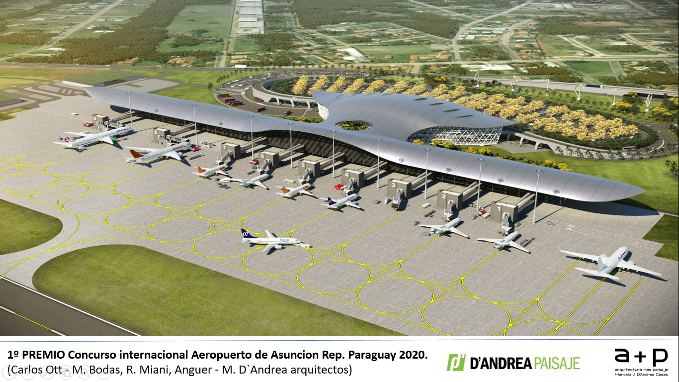 Una impresión artística de un nuevo aeropuerto con aviones estacionados en la pista.