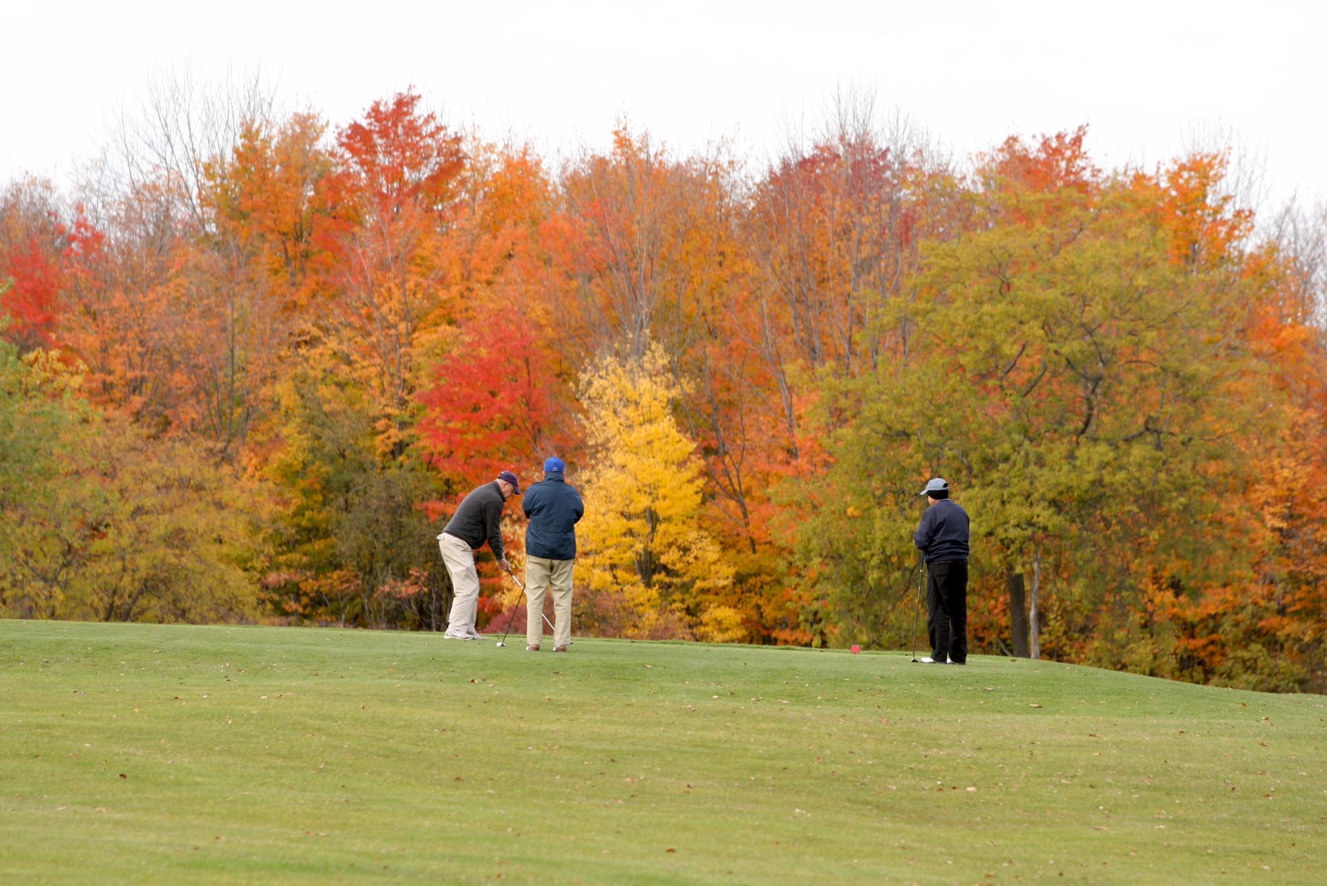 Three men are playing golf on a golf course in the fall.