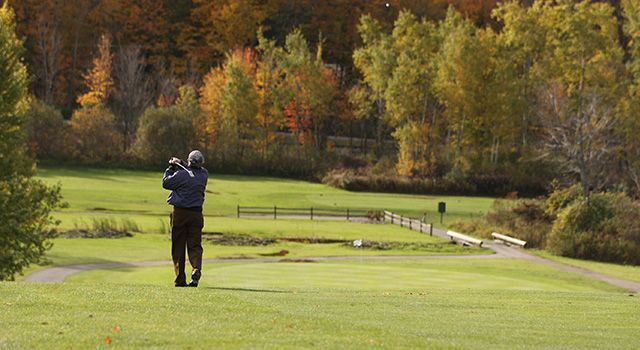 A man is swinging a golf club on a golf course.