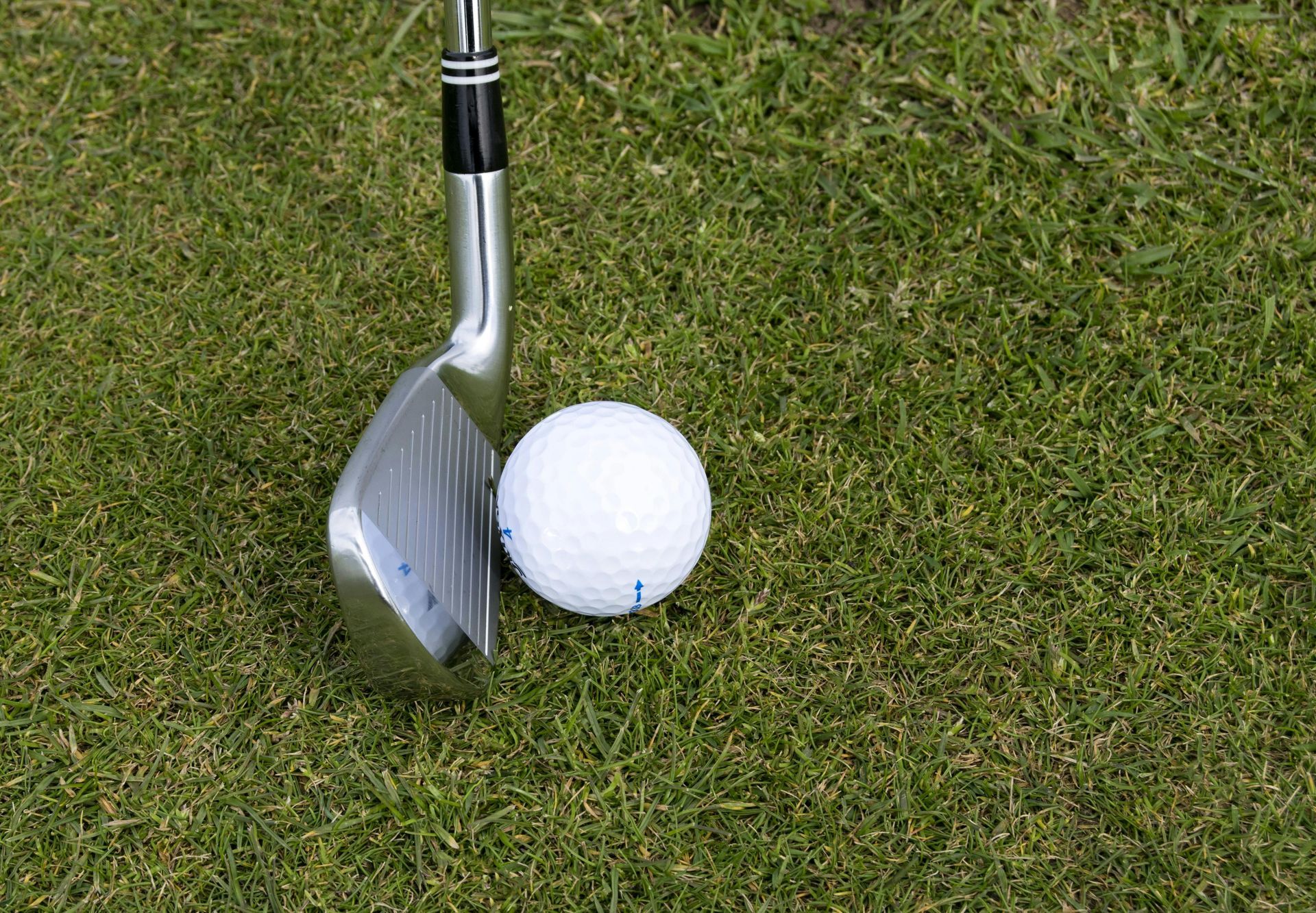 A golf club is sitting next to a golf ball on a green.