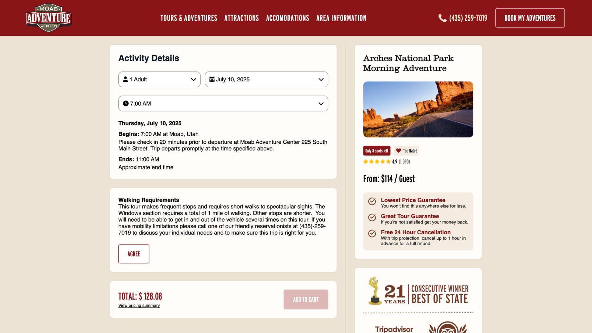 Website page with activity details and an image of a rock formation.