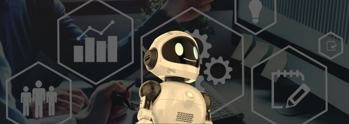 Robot in a business setting with digital icons, suggesting AI assistance in work processes.