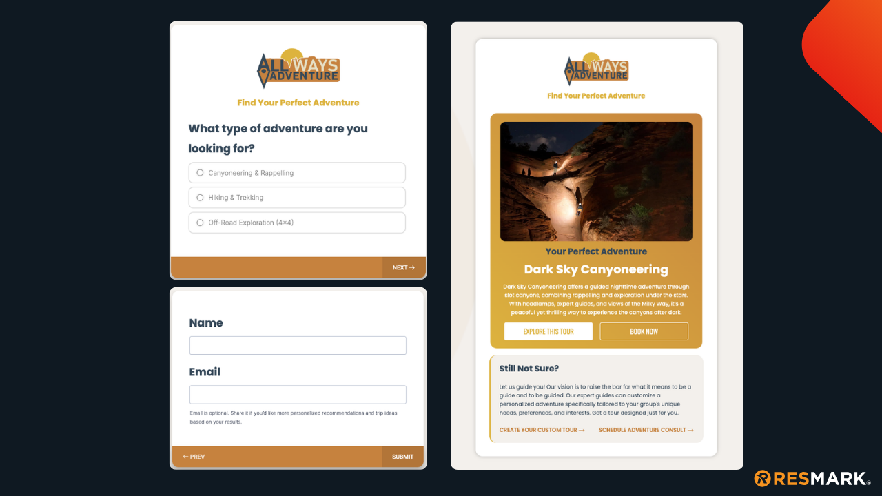 Webpage with a form to sign up for an adventure. The page on the right displays an adventure description.