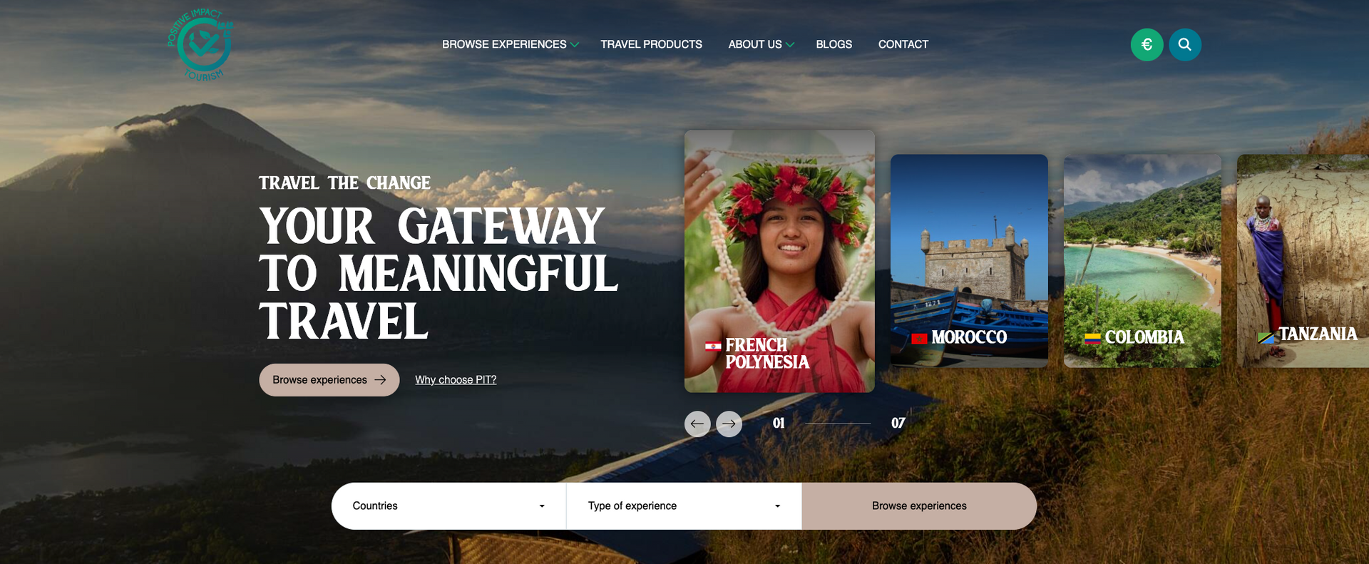 Website homepage featuring travel destinations and a woman in a flower crown.