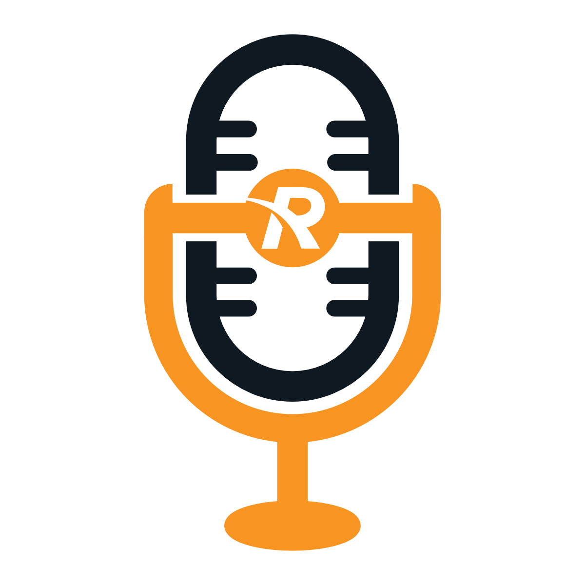 Orange and black podcast microphone with the letter “R” in the center.