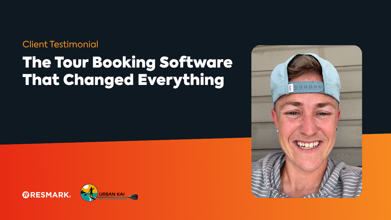 Client testimonial graphic with headline and smiling person on blue and orange background