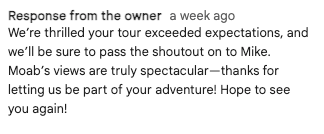 A response from the owner a week ago we 're thrilled your tour exceeded expectations