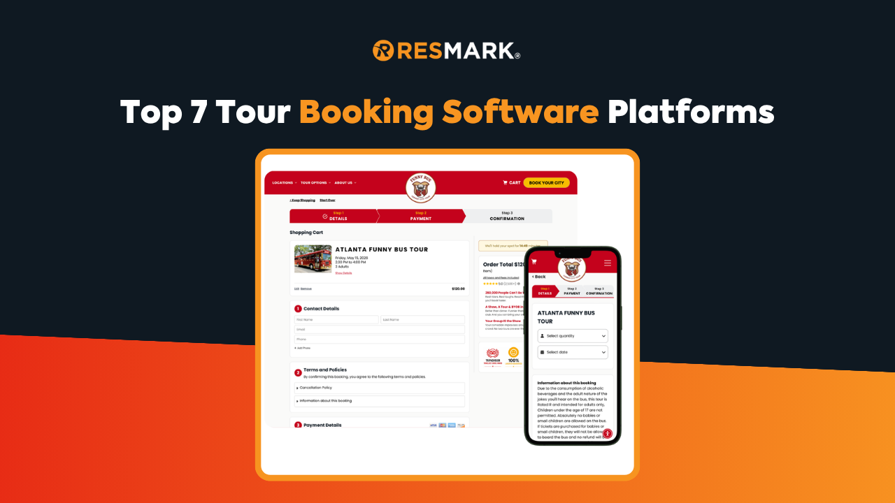 Top 7 tour booking software platforms on a red-orange promo banner with website and mobile mockups