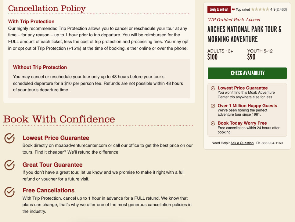 screenshot of moab adventure center cancelation policy