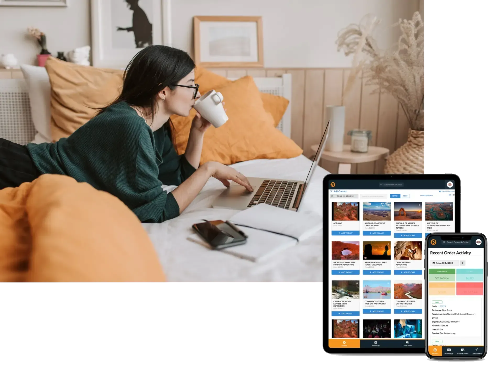 a girl on bed looking at laptop and a tablet and phone with resmark in front of image