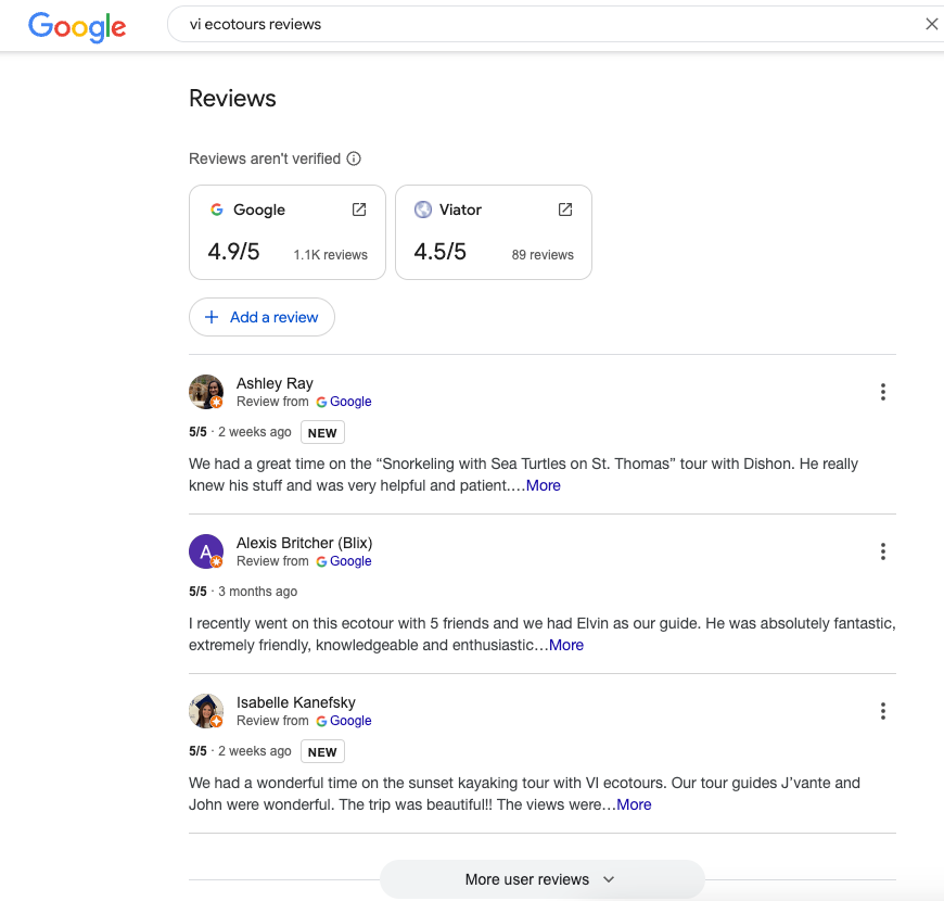 virgin island google review screenshot