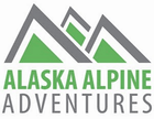 A logo for alaska alpine adventures with two mountains