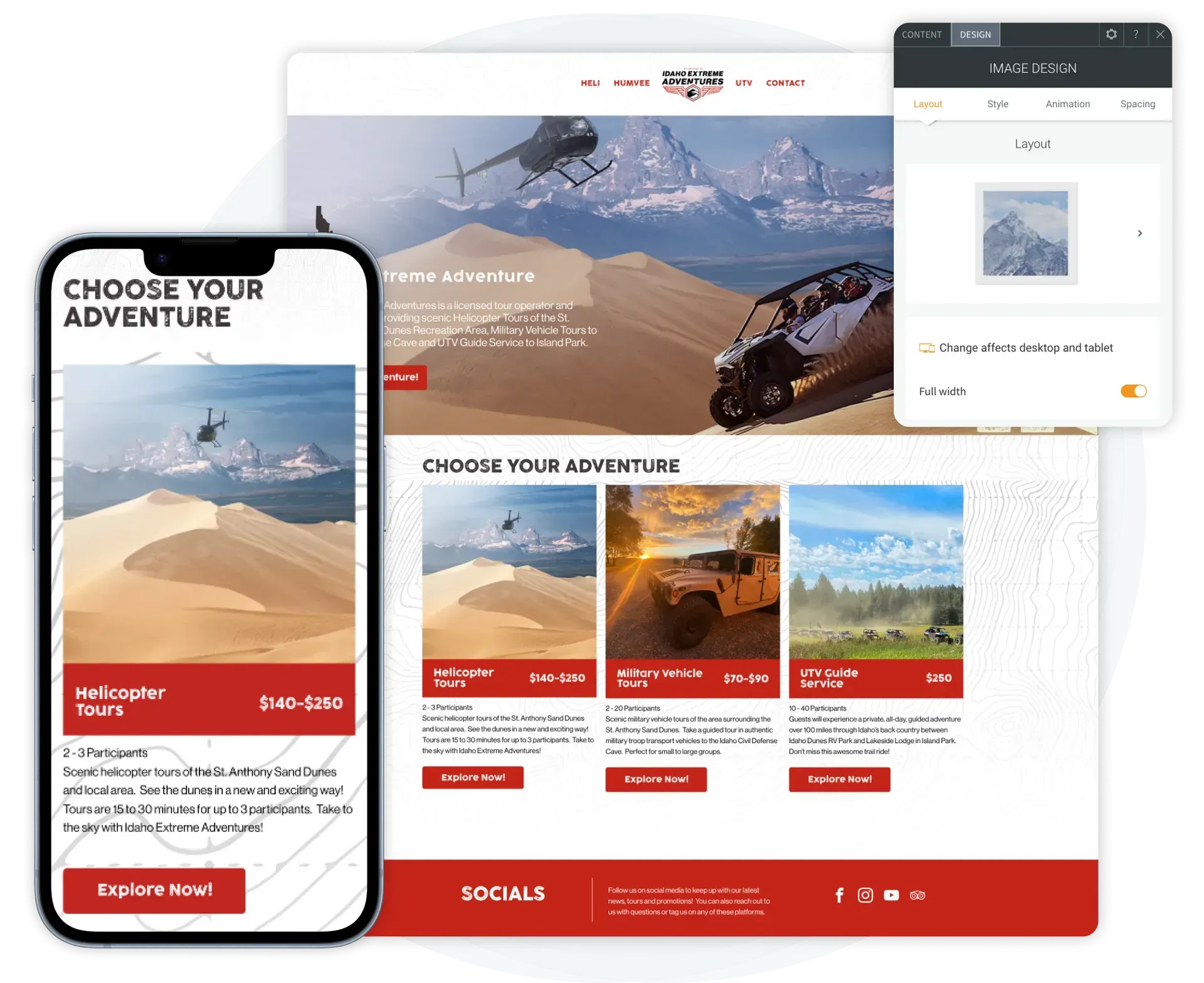 A phone , tablet , and computer screen showing a website for a company called choose your adventure.