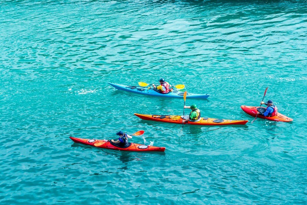 four people kayaking in beautiful water