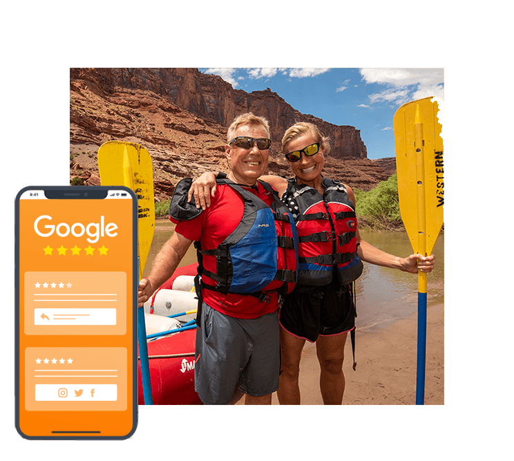Google Reviews and smiling couple rafting