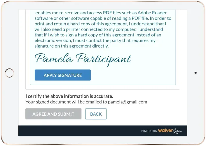 A tablet with a signature of pamela participant on it