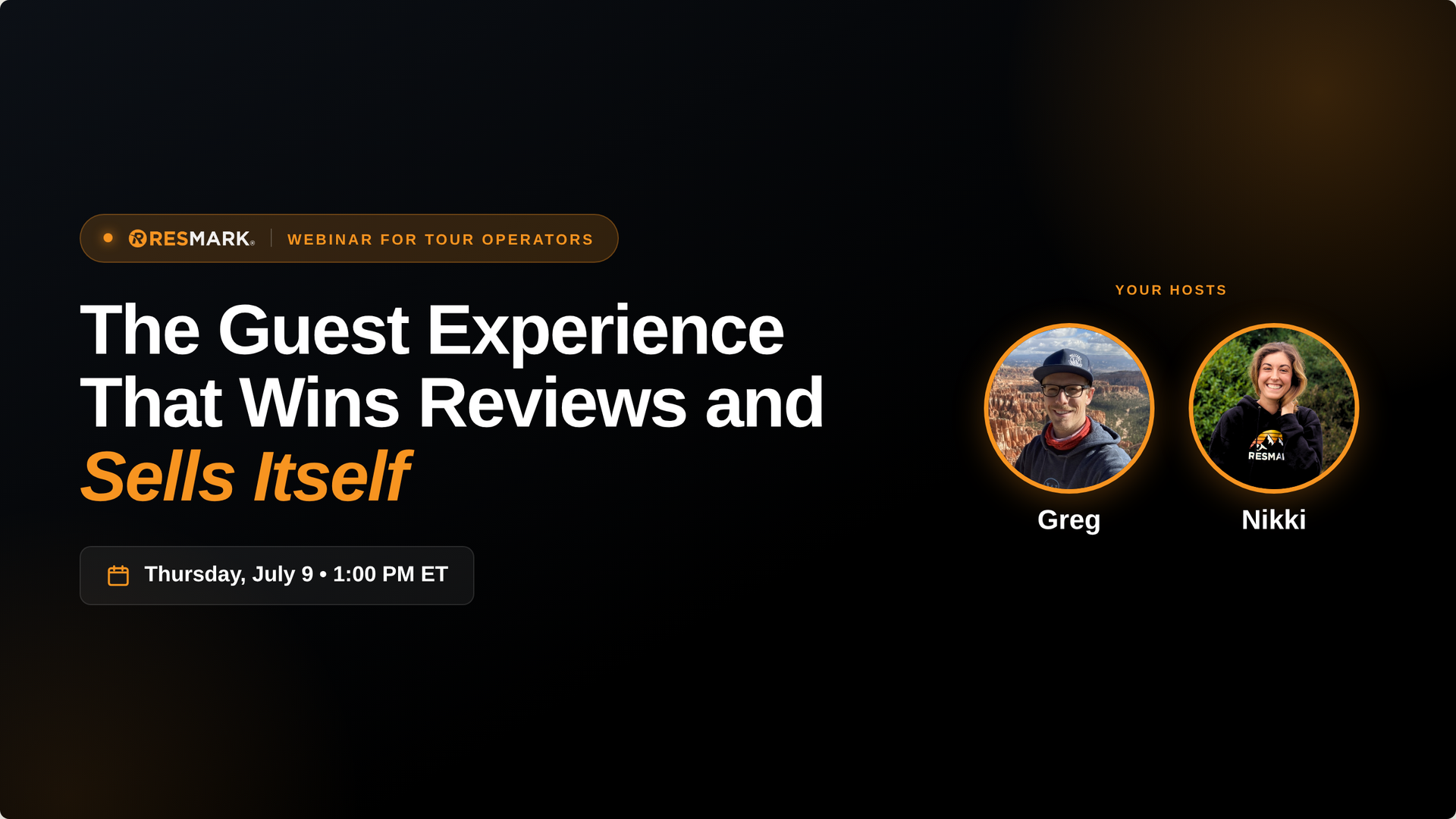 Dark landing page with headline “The Guest Experience That Wins Reviews and Sells Itself” and two circular portraits on the right