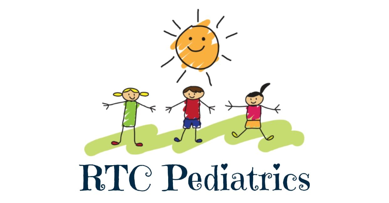 A logo for rtc pediatrics with three children and a sun