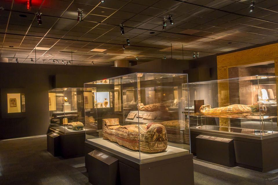 A museum filled with lots of exhibits and a mummy on display.