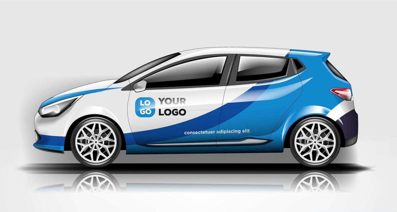 A blue and white car with a logo on the side.