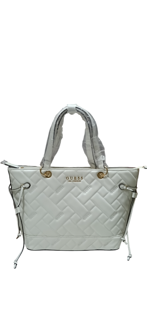 Bolso tote Guess acolchado en color gris claro con asas y detalles de cordón lateral.