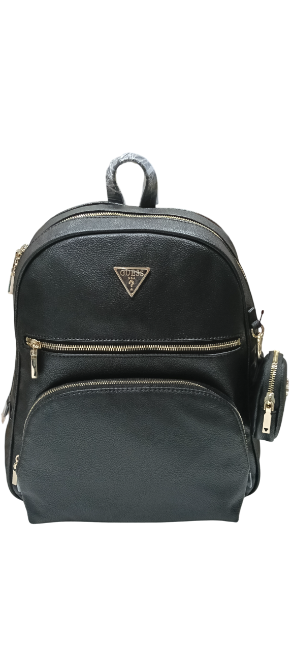Mochila Guess negra con detalles de cremallera dorada.