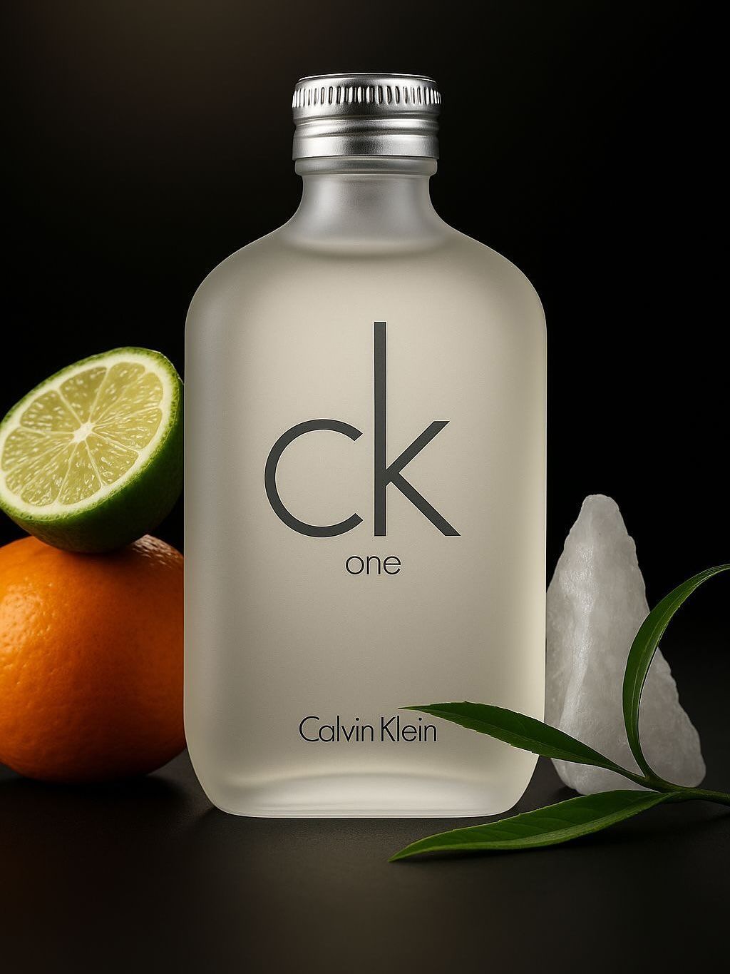 Frasco de perfume Calvin Klein CK One Gold con cítricos y hielo, fondo negro.