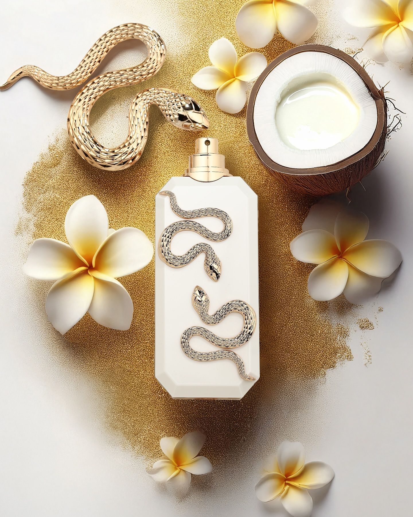 Frasco de perfume con decoración de serpiente, coco, flores y purpurina dorada sobre superficie blanca.