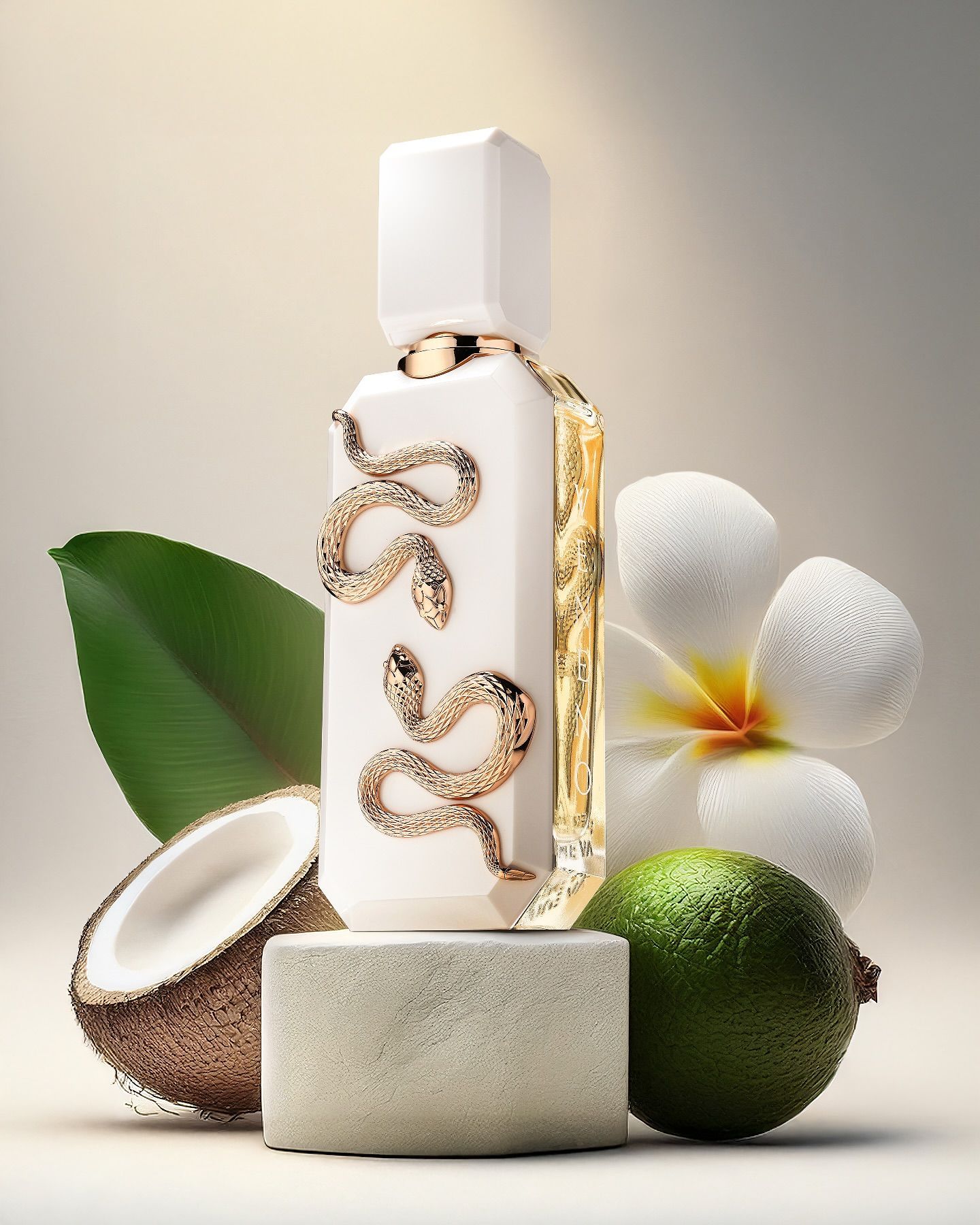 Frasco de perfume blanco con serpientes doradas, sobre una piedra, rodeado de coco, lima y flores.