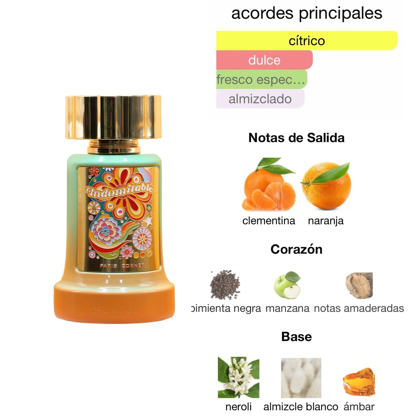 Frasco de perfume sobre un pedestal de color arena con rodajas de naranja y cristales de azúcar sobre un fondo desértico.