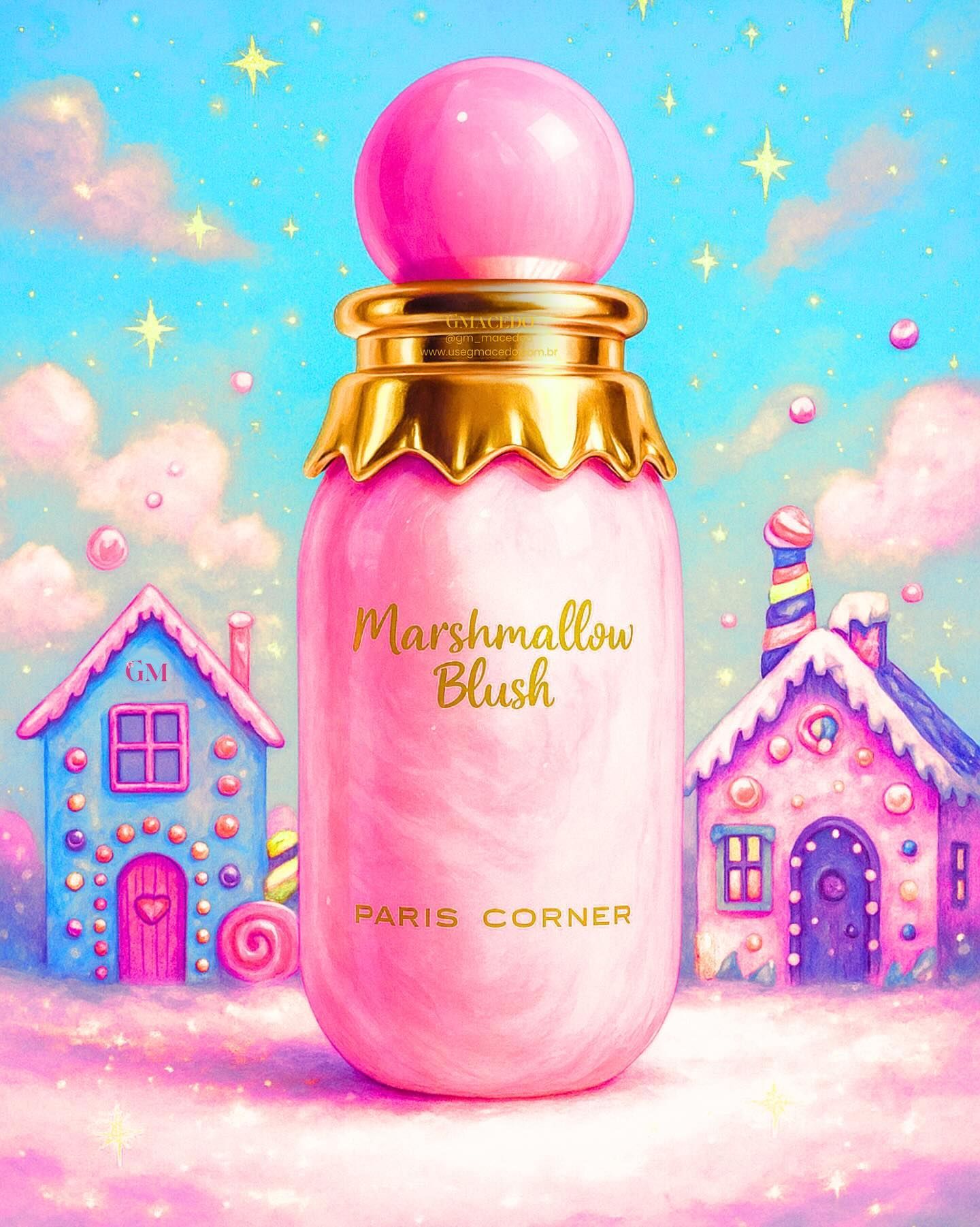 Botella de perfume rosa etiquetada "Marshmallow Blush" con casas extravagantes en el fondo.