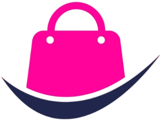 Bolsa de compras rosa sobre una línea curva azul.