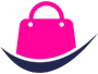 Bolsa de compras rosa con detalles en blanco, sobre una línea curva azul.