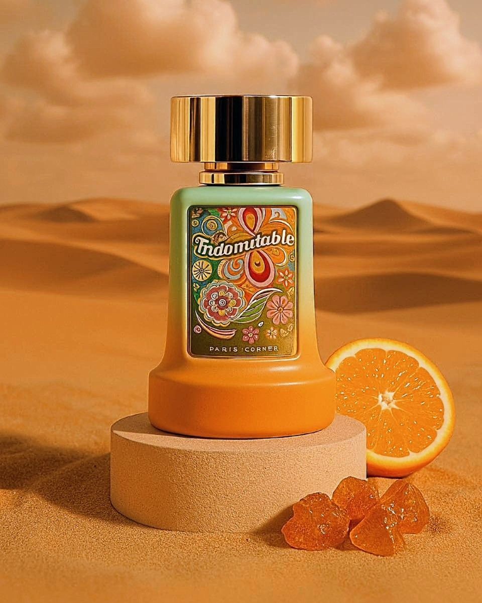 Frasco de perfume sobre un pedestal de color arena con rodajas de naranja y cristales de azúcar sobre un fondo desértico.