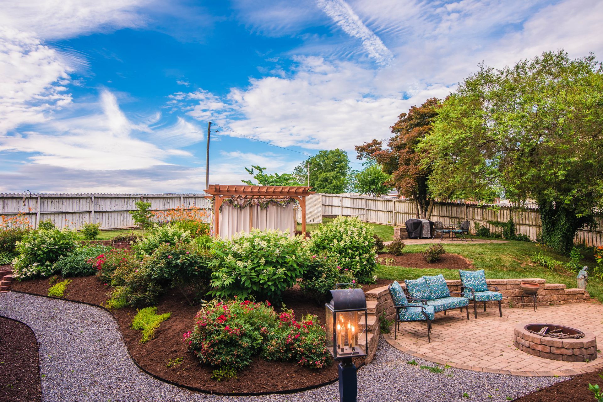 There is a fire pit in the middle of the backyard.