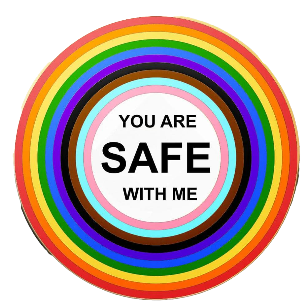 A rainbow flag with a black arrow pointing to the right.