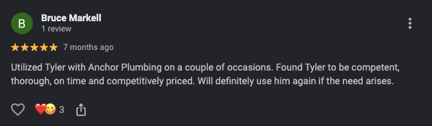Google review praising Anchor Plumbing, with 5 stars and text recommending them for being competent and competitively priced.