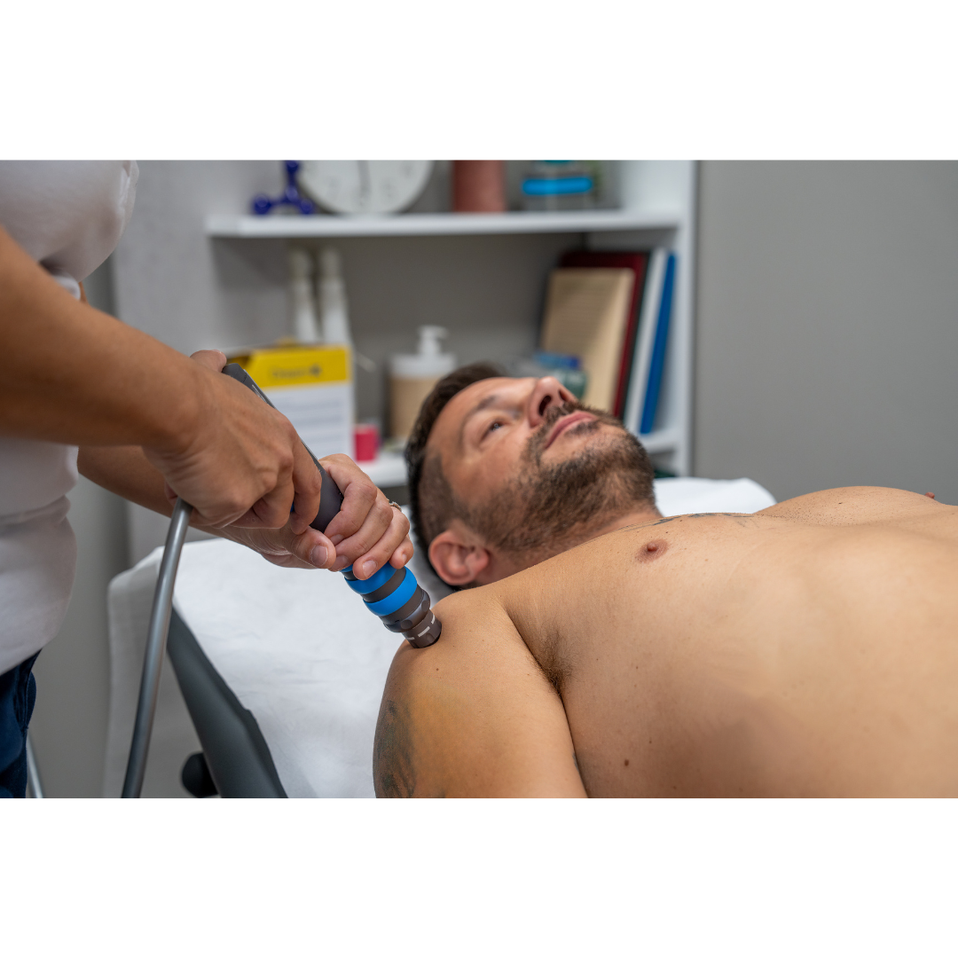 Shockwave therapy was applied to a patient’s shoulder for Calcific Tendonitis near Shillington during a clinical treatment session.