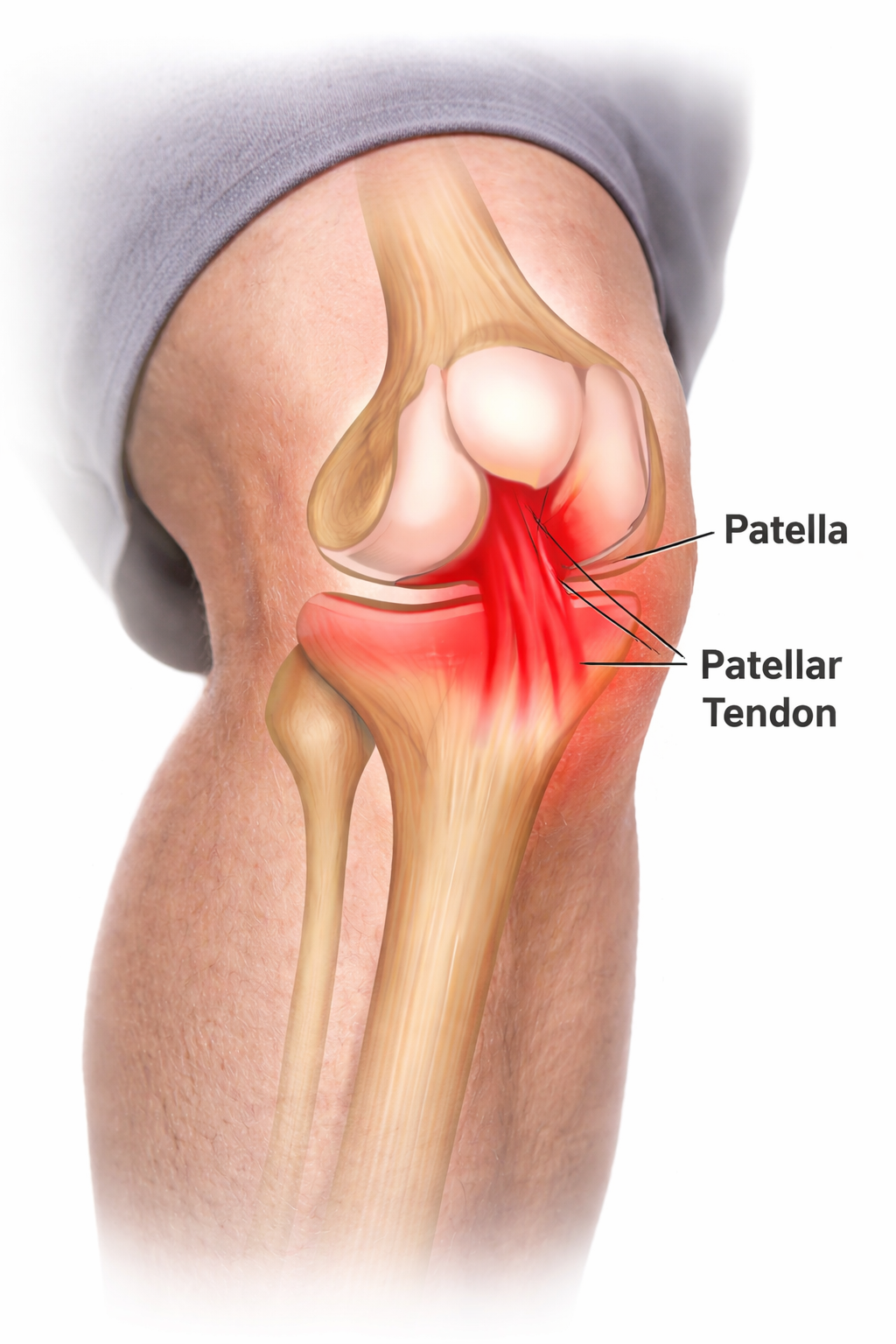Medical illustration of a knee showing patellar tendinosis in Shefford, highlighting inflammation of the patellar tendon beneath the kneecap with labelled patella and tendon.