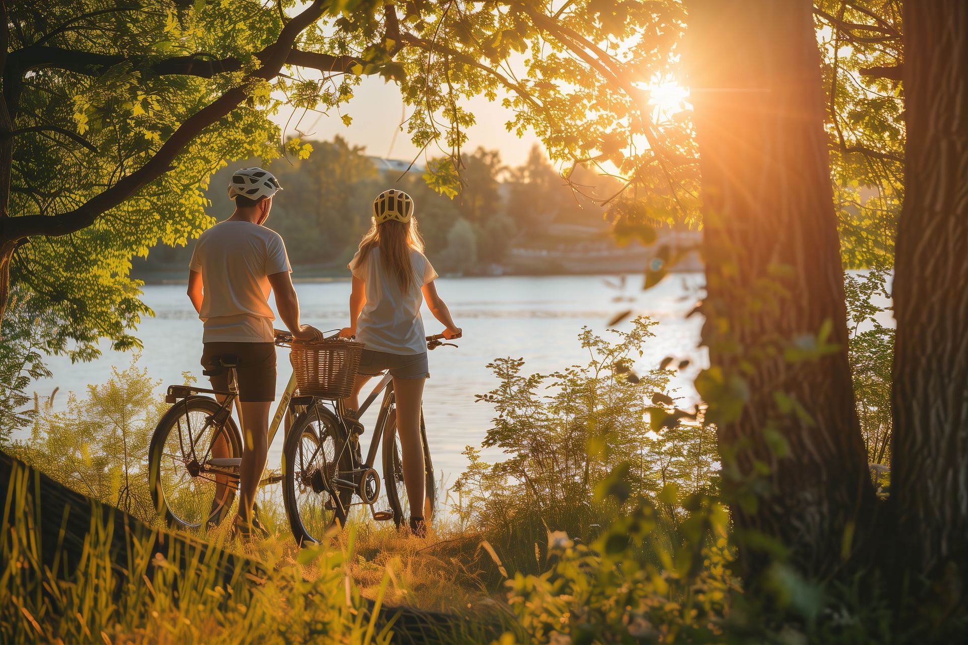 A man and a woman are standing next to their bicycles near a lake.
