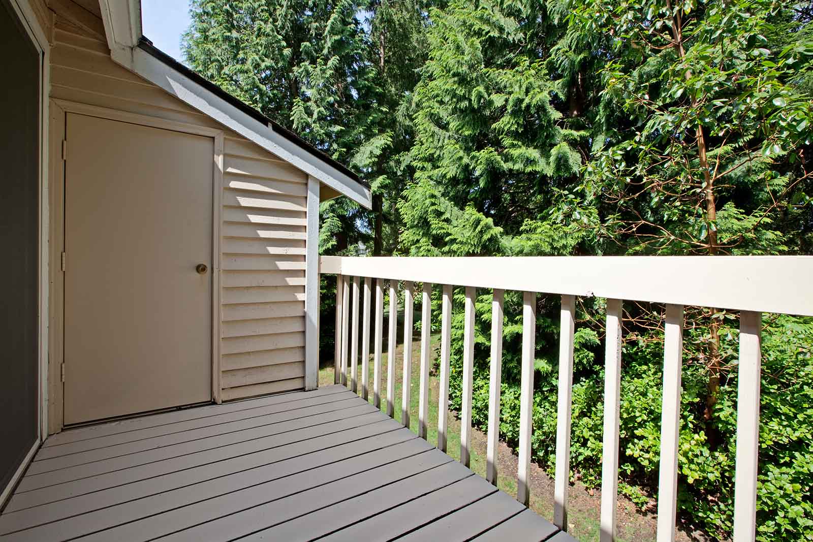 view of deck with storage and trees in the background