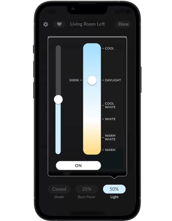 Smartphone app showing a living room light control with vertical brightness and color temperature sliders.