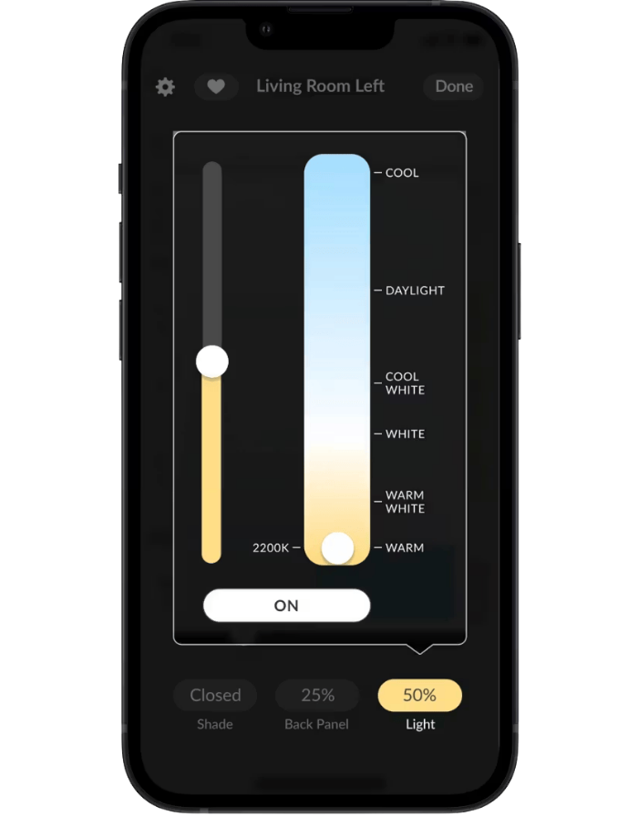 Smartphone smart-home lighting control with sliders and warm/cool color settings