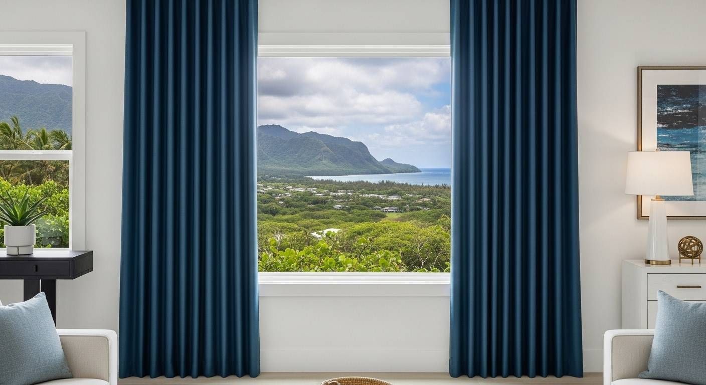 Bright living room window with blue curtains framing a tropical ocean and mountain view